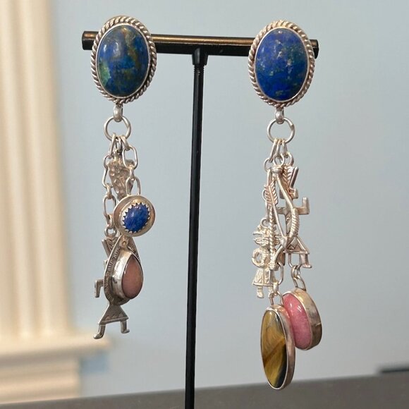 Native American sterling earrings w azurite/lapis/other stones - Picture 5 of 11